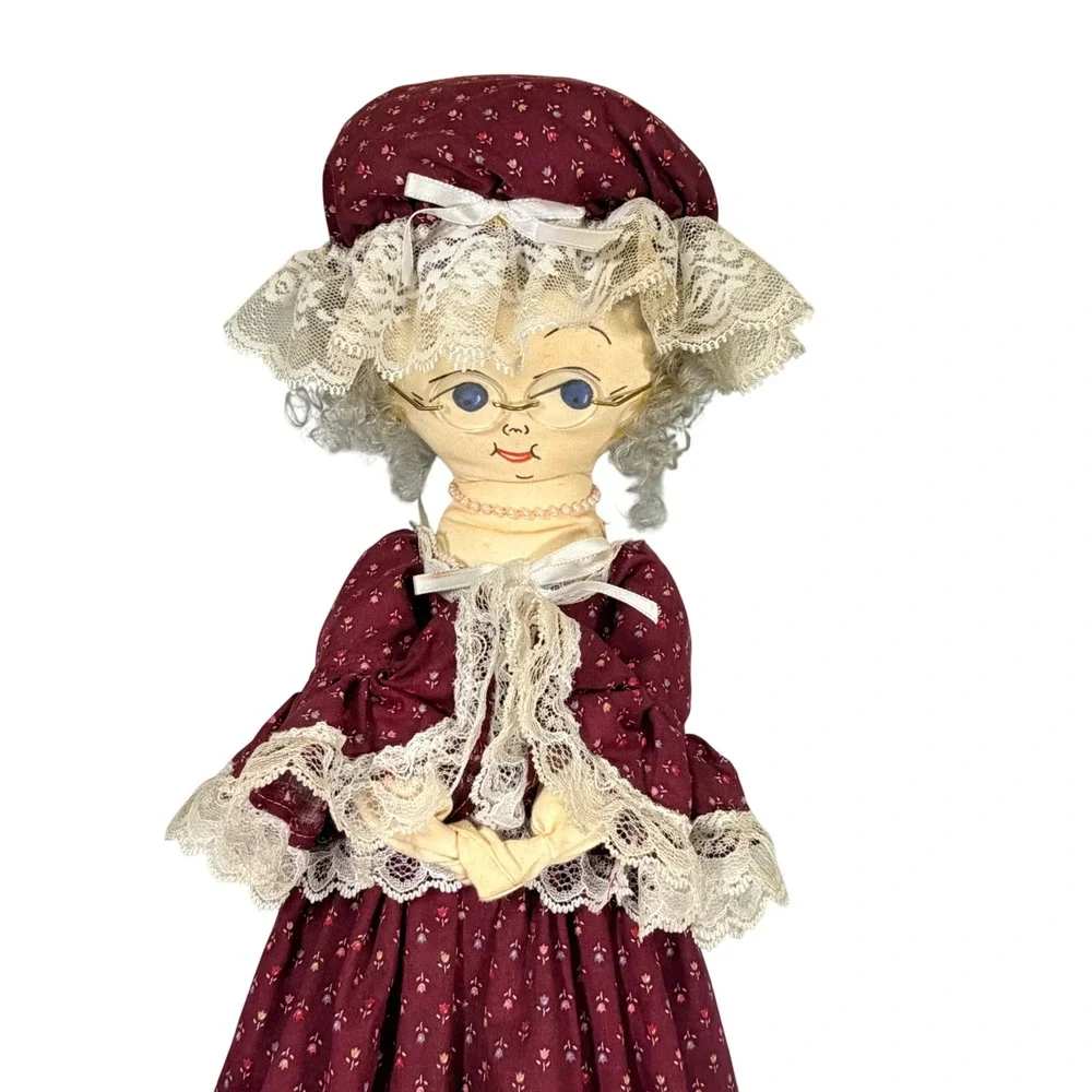 VTG 70s Grandmother Cloth Doll Burgundy Calico Bag Holder Handmade Hanging Decor
